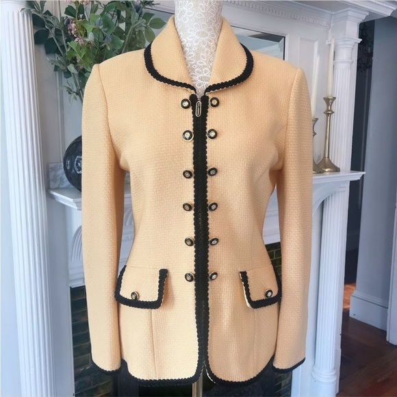 VINTAGE ST. JOHN By Marie Gray Yellow W/ Black Trim Wool Blend Jacket Size 4 - Picture 4 of 15